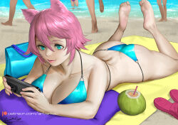 Rule 34 | 1girl, 4others, animal ears, ariverkao, ass, barefoot, beach, bikini, blue bikini, blue eyes, breasts, cat ears, cellphone, dated, day, feet, feet up, hair between eyes, large breasts, legs, lying, multiple others, on stomach, original, patreon logo, phone, pink hair, short hair, signature, smartphone, soles, solo focus, swimsuit, the pose, toes, water