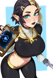 Rule 34 | 1girl, alternate breast size, alternate costume, alternate hair color, black hair, black lips, black nails, blonde hair, braid, breasts, crop top, fingerless gloves, gloves, goth fashion, green eyes, hair ornament, hairclip, highres, large breasts, looking at viewer, master sword, multicolored hair, nintendo, official alternate hairstyle, piercing, pointy ears, princess zelda, qtori, short hair, sidelocks, the legend of zelda, the legend of zelda: tears of the kingdom, thick thighs, thighs, two-tone hair