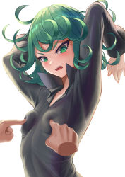 Rule 34 | 1girl, 1other, arms behind head, arms up, black dress, blush, breast poke, breasts, collared dress, curly hair, dress, flipped hair, green eyes, green hair, highres, looking at viewer, one-punch man, open mouth, poking, sai (abyss05), short hair, simple background, small breasts, solo focus, stretching, sweatdrop, tatsumaki, tight clothes, tight dress, white background