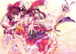 Rule 34 | 1girl, bow, brown eyes, brown hair, cherry blossoms, detached sleeves, embellished costume, female focus, frills, gathers, hair bow, hair ornament, hakurei reimu, hand on own chest, japanese clothes, miko, open mouth, outstretched hand, petals, red eyes, red hair, ribbon, sayagata, shinia, skirt, smile, solo, tassel, touhou, wide sleeves