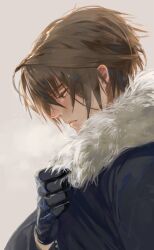 Rule 34 | 1boy, black gloves, black jacket, blue eyes, breath, brown hair, earrings, final fantasy, final fantasy viii, fur-trimmed jacket, fur trim, gloves, grey background, hand on own chest, jacket, jewelry, long sleeves, male focus, nini tw99, sad, serious, short hair, simple background, solo, squall leonhart, stud earrings