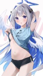 Rule 34 | 1girl, amane kanata, angel wings, black shorts, blue shirt, breasts, clothes lift, commentary request, cowboy shot, dolphin shorts, feathered wings, grey hair, halo, highres, hololive, lifting own clothes, midriff, navel, nel dcm, no bra, parted lips, purple eyes, revision, shirt, shirt lift, shorts, simple background, small breasts, solo, stomach, two side up, underboob, virtual youtuber, white background, white wings, wings