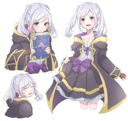 Rule 34 | 1girl, :d, aged down, black coat, black skirt, book, bow, brown eyes, brown gloves, coat, fingerless gloves, fire emblem, fire emblem awakening, fire emblem heroes, gloves, highres, holding, holding book, long hair, long sleeves, looking at viewer, multiple views, nintendo, official alternate costume, open clothes, open coat, open mouth, purple bow, robin (female) (child) (fire emblem), robin (female) (fire emblem), robin (fire emblem), sayaka (fe uma274), skirt, smile, twintails, white background, white hair