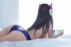Rule 34 | 1girl, animal print, ass, bed, blue panties, breasts, brown hair, d.va (overwatch), facing away, from behind, game console, handheld game console, headphones, long hair, lying, nintendo, nintendo switch, on stomach, overwatch, overwatch 1, panties, print panties, qichao wang, rabbit print, solo, topless, underwear, window