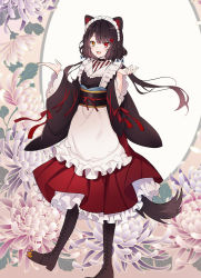 Rule 34 | 1girl, :d, animal ears, apron, black footwear, black hair, black kimono, boots, brown eyes, choker, cross-laced footwear, dog ears, dog tail, floating hair, heterochromia, highres, inui toko, japanese clothes, kimono, lace-up boots, layered skirt, long hair, long skirt, long sleeves, maid, maid headdress, mole, mole under eye, nijisanji, ny0r0ny0r0, open mouth, red eyes, red ribbon, red skirt, ribbon, skirt, smile, solo, standing, tail, thigh boots, thighhighs, two-tone skirt, virtual youtuber, wa maid, waist apron, white apron, white skirt, wide sleeves