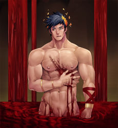 Rule 34 | 1boy, abs, bara, black hair, blood, blood on hands, green eyes, hades (series), hades 1, hand on own chest, heterochromia, highres, large pectorals, laurel crown, looking to the side, male focus, multicolored eyes, muscular, muscular male, navel, nipples, nude, open mouth, partially submerged, pectorals, pool of blood, red eyes, short hair, solo, winemvee, zagreus (hades)