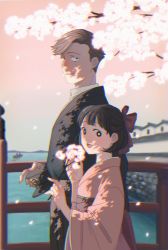 Rule 34 | 1boy, 1girl, :d, black hair, black headwear, blurry, blurry background, bob cut, bow, branch, bridge, brown hair, cherry blossoms, chibi maruko-chan, chromatic aberration, dappled sunlight, day, flower, from side, hair bow, hakama, hakama skirt, half updo, hanawa kazuhiko, hat, unworn hat, unworn headwear, height difference, highres, holding, holding branch, holding clothes, holding hat, japanese clothes, kimono, long sleeves, looking at viewer, looking to the side, meiji schoolgirl uniform, aged up, open mouth, outdoors, posha-art, red bow, red hakama, red kimono, sakura momoko, short hair, side-by-side, skirt, sky, smile, sunlight, upper body, wide sleeves