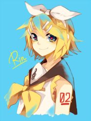 Rule 34 | 1girl, bad id, bad pixiv id, blonde hair, blue background, blue eyes, hair ornament, hair ribbon, hairclip, heart, heart-shaped pupils, kagamine rin, looking at viewer, ribbon, simple background, smile, solo, symbol-shaped pupils, treble clef, uni (ieatpockey), upper body, vocaloid