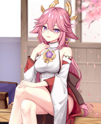 Rule 34 | 1girl, absurdres, bare legs, bare shoulders, blush, breasts, cherry blossoms, genshin impact, hair ornament, highres, japanese clothes, legs, crossed legs, long sleeves, looking at viewer, miko, petals, pink hair, purple eyes, sitting, smile, solo, thighs, wide sleeves, yae miko, ying miao