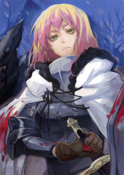 Rule 34 | 1girl, armor, black gloves, blonde hair, blood, blood on clothes, breastplate, closed mouth, gloves, green eyes, holding, holding sword, holding weapon, jacket, knight, luyis16, mountain, multicolored hair, original, outdoors, pink hair, pink lips, scabbard, sheath, shield, snow, snowing, solo, sword, tree, vambraces, weapon, white jacket, winter clothes
