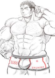 Rule 34 | 1boy, abs, bara, boxer briefs, bulge, character doll, character name, character request, chest hair, cowboy shot, cropped legs, cross scar, cu sith (housamo), doll, facial hair, greyscale, hairy, harada (basashi), holding, holding doll, holding stuffed toy, houzouin oniwaka, large pectorals, long sideburns, looking at viewer, male focus, male underwear, mature male, monochrome, muscular, muscular male, navel, nipples, pectorals, scar, scar on face, scar on forehead, short hair, sideburns, solo, spot color, stomach, stubble, stuffed toy, thick eyebrows, thick thighs, thighs, tokyo houkago summoners, underwear, underwear only, white male underwear