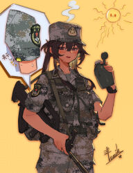 Rule 34 | 1girl, absurdres, assault rifle, binder clip, blush, brown hair, bullpup, camouflage, digital camouflage, emblem, gun, highres, holding, holding canteen, holding gun, holding weapon, long hair, original, people&#039;s liberation army, people&#039;s liberation army ground force, qbz-95, red eyes, rifle, sleeves rolled up, soldier, solo, sun, sweat, tan, tuziki sang, weapon, yellow background