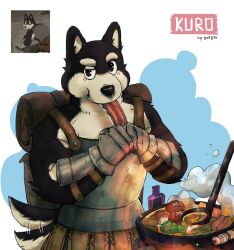 Rule 34 | 1boy, :t, animal ears, armor, black eyes, black fur, blue background, body fur, breastplate, brown bag, closed mouth, commentary, dog ears, dog tail, dungeon meshi, eating, english commentary, food, furry, furry male, gauntlets, hands up, highres, holding, holding food, kuro (dungeon meshi), ladle, looking at viewer, luck like, male focus, meat, raised eyebrow, reference inset, stew, tail, tail wagging, white background, white fur
