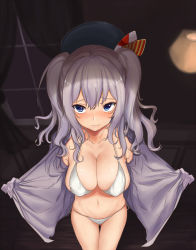 Rule 34 | 10s, 1girl, beret, bikini, blue eyes, blush, breasts, cleavage, embarrassed, covered erect nipples, gloves, hat, highres, kantai collection, kashima (kancolle), konata (knt banri), large breasts, looking at viewer, navel, open clothes, open shirt, shirt, side-tie bikini bottom, silver hair, solo, swimsuit, thigh gap, wavy mouth, white bikini, white gloves