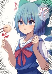 Rule 34 | :o, @ @, absurdres, blue dress, blue eyes, blue hair, bow, breasts, cirno, darumoon, dress, fairy wings, green bow, hair bow, highres, ice, ice wings, neckerchief, puffy short sleeves, puffy sleeves, red neckerchief, sailor collar, short hair, short sleeves, simple background, small breasts, solo, speech bubble, touhou, translation request, white background, wings