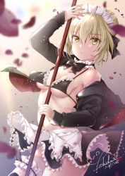 Rule 34 | 1girl, absurdres, apron, arm up, artoria pendragon (all), artoria pendragon (alter swimsuit rider) (second ascension) (fate), artoria pendragon (fate), between breasts, black bow, black bowtie, black bra, black jacket, black skirt, bow, bowtie, bra, breasts, brown hair, choker, cleavage, cowboy shot, fate/grand order, fate (series), frilled bra, frills, hair between eyes, highres, holding, holding weapon, jacket, maid headdress, miniskirt, open clothes, open jacket, polearm, saber alter, short hair, sideboob, skirt, small breasts, solo, standing, thigh strap, underboob, underwear, weapon, white apron, yellow eyes, yoshida iyo