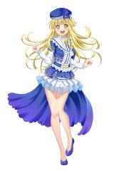 Rule 34 | 1girl, :d, absurdres, bang dream!, beret, blonde hair, blue cape, blue footwear, blue hat, blush, bow, bowtie, cape, center frills, constellation print, dress, frilled shirt collar, frilled sleeves, frills, full body, hat, hat bow, highres, index finger raised, long hair, long sleeves, open mouth, print dress, simple background, smile, solo, standing, striped, striped bow, tsurumaki kokoro, waist cape, white background, yellow bow, yellow bowtie, yellow eyes, yohane yoshiko