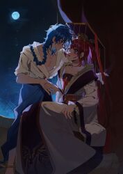 Rule 34 | 1boy, 1girl, absurdres, aladdin (magi), blue eyes, blue hair, blush, braid, breasts, center opening, chinese clothes, chinese commentary, cleavage, empress, eye contact, face-to-face, forehead jewel, full moon, guan hat, hair ornament, hair over shoulder, hair rings, hair stick, hanfu, head chain, hetero, highres, holding hands, jewelry, jiazi, leaning forward, long hair, looking at another, magi the labyrinth of magic, mian guan, moon, night, night sky, red eyes, red hair, ren kougyoku, single braid, sitting, sky, small breasts, standing
