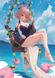 Rule 34 | 1girl, anklet, azur lane, bad id, bad pixiv id, bare legs, bare shoulders, barefoot, black one-piece swimsuit, breasts, cirilla lin, cleavage, commentary, day, duca degli abruzzi (azur lane), duca degli abruzzi (lustrous onyx sirenetta) (azur lane), flower, food, food between breasts, food in mouth, fruit, full body, grapes, halo, halterneck, highres, holding, holding food, holding fruit, holding rope, jewelry, large breasts, looking at viewer, manjuu (azur lane), mechanical arms, mouth hold, ocean, official alternate costume, one-piece swimsuit, pink hair, red eyes, rope, short hair, single mechanical arm, sitting, sky, solo, swimsuit, swing, water, white flower