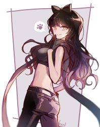 Rule 34 | 1girl, belt, black bow, black gloves, black hair, black pants, blake belladonna, bow, butt crack, crop top, ecru, floating hair, from side, gloves, grey scarf, hair bow, index finger raised, long hair, looking at viewer, midriff, pants, rwby, scarf, signature, sleeve, smile, solo, speech bubble, standing, very long hair, yellow eyes
