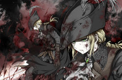 Rule 34 | 1girl, absurdres, ascot, black cape, black headwear, blonde hair, blood, blood from mouth, blood on clothes, blood on face, blood splatter, bloodborne, bloody weapon, brown coat, brown gloves, cape, coat, commentary request, face, feet, from side, gloves, green eyes, grey background, hat, hat feather, highres, holding, injury, lady maria of the astral clocktower, long hair, looking at viewer, low ponytail, multiple views, ponytail, rakuyo (bloodborne), shimoda masaya, sword, the old hunters, torn cape, torn clothes, tricorne, weapon