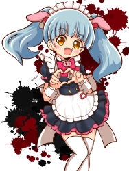 Rule 34 | 1girl, :d, akiba maid sensou, alternate costume, animal ears, apron, blood, blood splatter, blue hair, bow, bowtie, cosplay, enmaided, fake animal ears, heart, heart hands, highres, hoshikawa lily, light blue hair, maid, maid apron, maid headdress, open mouth, pig ears, pink bow, pink bowtie, puffy short sleeves, puffy sleeves, sasshii, short sleeves, smile, solo, tanaka minami (voice actor), thighhighs, twintails, voice actor connection, white thighhighs, wrist cuffs, yellow eyes, yumechi (akiba maid sensou), yumechi (akiba maid sensou) (cosplay), zombie land saga