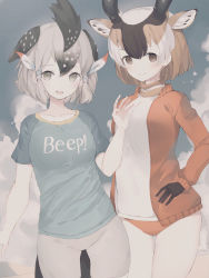 Rule 34 | 2girls, animal ears, arm at side, bare arms, bird tail, bird wings, black hair, brown eyes, brown hair, buruma, closed mouth, clothes writing, collarbone, extra ears, gloves, greater roadrunner (kemono friends), grey eyes, grey hair, hair between eyes, hair tubes, hand on own hip, hand up, head wings, highres, horns, jacket, kemono friends, kemono friends 2, long sleeves, looking at viewer, mochorinpun, mohawk, multiple girls, open clothes, open jacket, open mouth, outdoors, pronghorn (kemono friends), shirt, short hair, short sleeves, shorts, sidelocks, smile, star (symbol), tail, upper body, white hair, wings