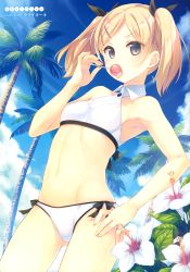 Rule 34 | 10s, 1girl, absurdres, armpits, artist name, bare shoulders, bikini, black eyes, blonde hair, blue sky, breasts, candy, cloud, day, flower, food, hair ornament, hairclip, hand on own hip, hibiscus, highres, licking, lollipop, looking at viewer, mole, mole under eye, navel, outdoors, palm tree, scan, shirobako, sky, small breasts, solo, swimsuit, takei ooki, tongue, tongue out, tree, twintails, white bikini, yano erika