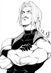 Rule 34 | 1boy, crossed arms, facial hair, gloves, greyscale, izen sora, looking back, male focus, monochrome, muscular, mustache, parted bangs, profile, rugal bernstein, simple background, solo, tank top, the king of fighters, white background, yiran kong xian
