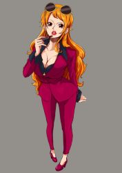 Rule 34 | 1girl, brown eyes, formal, grey background, high heels, lipstick, long hair, makeup, nami (one piece), one piece, orange hair, solo, standing, suit, sunglasses, sunglasses on head