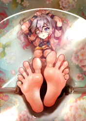 Rule 34 | 1girl, arms up, barefoot, blue eyes, blurry, blurry background, blush, bound, bound legs, bound wrists, breasts, collared shirt, commentary, english commentary, eyelashes, eyepatch, feet, foot focus, foreshortening, from above, gradient hair, grey hair, hair between eyes, hair ornament, hairclip, highres, legs up, long sleeves, looking at viewer, lying, medium breasts, mixed-language commentary, multicolored hair, neckerchief, on back, one eye covered, open mouth, original, paid reward available, pink hair, pink shirt, restrained, shadow, shibari, shirt, soles, solo, spread toes, toenails, toes, yellow neckerchief, yeougui