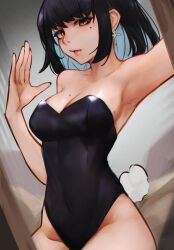 Rule 34 | 1girl, armpits, black hair, black leotard, blue hair, borrowed character, breasts, cleavage, closed mouth, colored inner hair, cross, cross earrings, earrings, hand up, highres, irene (kanniiepan), jewelry, large breasts, latin cross, leotard, looking at viewer, medium hair, mole, mole on armpit, mole on breast, multicolored hair, original, playboy bunny, rabbit tail, solo, tail, vergil mon