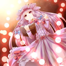 Rule 34 | 1girl, book, bow, character name, dress, female focus, hair bow, hat, highres, holding, holding book, koza, kozakura (dictionary), long hair, open book, patchouli knowledge, purple eyes, purple hair, solo, striped clothes, striped dress, touhou, vertical stripes