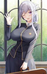 Rule 34 | 1girl, artist name, black jacket, black skirt, blush, breasts, collared shirt, commentary, commission, english commentary, grey hair, hair between eyes, happy, head tilt, highres, holding, holding suitcase, instrument case, jacket, keenh, large breasts, long hair, long sleeves, looking at viewer, mixed-language commentary, one eye closed, open mouth, original, pleated skirt, purple eyes, school uniform, shirt, skirt, smile, solo, suitcase, toaru kagaku no railgun, toaru majutsu no index, waving, white shirt