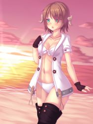 Rule 34 | 10s, 1girl, :o, arm at side, artist self-insert, au ra, beach, bikini, black footwear, black gloves, black thighhighs, blush, boots, breasts, brown hair, buttons, cleavage, cloud, collarbone, cowboy shot, evening, final fantasy, final fantasy xiv, fingerless gloves, front-tie bikini top, front-tie top, gloves, green eyes, hair over one eye, highres, horizon, horns, light rays, medium breasts, navel, nottytiffy, ocean, open clothes, open mouth, open shirt, original, outdoors, pink sky, pointing, pointing at self, ribbon, sand, shirt, shore, short sleeves, sky, solo, stomach, sunbeam, sunlight, sunset, swimsuit, thigh boots, thighhighs, warrior of light (ff14), water, white bikini, white ribbon, white shirt