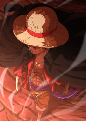 Rule 34 | 1boy, arms at sides, clenched hands, coat, coat on shoulders, eyeshadow, from above, hat, makeup, male focus, monkey d. luffy, musasabiop, one piece, open clothes, open shirt, scar, scar on chest, smoke, solo, straw hat, walking