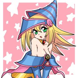 Rule 34 | 1girl, :d, bare shoulders, blonde hair, blue dress, blue headwear, breasts, cleavage, collarbone, commentary request, dark magician girl, dress, green eyes, hair between eyes, highres, long hair, looking at viewer, medium breasts, muu (mumumer), off-shoulder dress, off shoulder, open mouth, outline, pentagram, pink background, smile, solo, star (symbol), starry background, two-tone background, white background, white outline, yu-gi-oh!