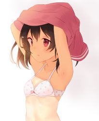 Rule 34 | 10s, 1girl, armpits, arms up, black hair, blush, bow, bow bra, bra, breasts, clothes lift, hitsukuya, love live!, love live! school idol project, red eyes, shirt lift, small breasts, solo, twintails, underwear, undressing, upper body, yazawa nico