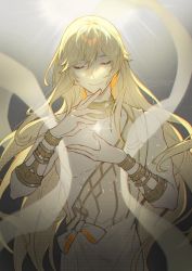 Rule 34 | 1boy, ancient greek clothes, backlighting, bare shoulders, blonde hair, chiton, choker, closed eyes, closed mouth, commentary request, dated, granblue fantasy, greco-roman clothes, hagoromo, helel ben sahar (granblue fantasy), long hair, lucio (granblue fantasy), male focus, shawl, smile, solo, twitter username, upper body, vambraces, youmicitrustea