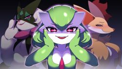 Rule 34 | + +, 3girls, animal ear fluff, animal ears, animal nose, blush, bob cut, body fur, breasts, cat girl, closed mouth, collarbone, colored skin, creatures (company), delphox, female focus, fox ears, fox girl, furry, furry female, game freak, gardevoir, gen 3 pokemon, gen 6 pokemon, glowing, glowing eyes, grapeanime, green fur, green hair, green skin, hair between eyes, half-closed eyes, hand up, hands on own cheeks, hands on own face, hands up, happy, highres, looking at viewer, medium breasts, meowscarada, multicolored fur, multicolored skin, multiple girls, nintendo, nose blush, open mouth, pokemon, pokemon (creature), purple outline, red eyes, red fur, shaded face, short hair, small breasts, smile, snout, straight-on, teeth, two-tone skin, white fur, white skin, yellow fur