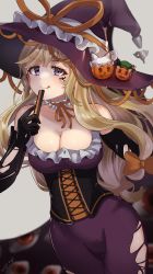 Rule 34 | 1girl, absurdres, black gloves, blonde hair, blush, breasts, cleavage, closed mouth, collarbone, dress, elbow gloves, folding fan, gap (touhou), gloves, halloween, halloween costume, hand fan, hat, highres, holding, holding fan, large breasts, long hair, purple dress, purple eyes, purple hat, signature, smile, solo, touhou, wheat retzel, witch hat, yakumo yukari
