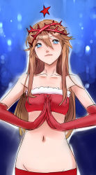 Rule 34 | 1girl, bandeau, bare shoulders, blue eyes, brown hair, crown of thorns, elbow gloves, freckles, gloves, long hair, navel, neon genesis evangelion, nishieda, own hands together, praying, red gloves, smile, solo, souryuu asuka langley, star (symbol), strapless, tube top