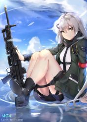 Rule 34 | 1girl, armband, blue sky, boots, cellphone, character name, cloud, combat boots, copyright name, day, girls&#039; frontline, gun, h&amp;k mg4, hair between eyes, hair ornament, hairclip, highres, jacket, light machine gun, long hair, looking at viewer, machine gun, mg4 (girls&#039; frontline), military jacket, necktie, phone, short shorts, shorts, silver hair, sitting, sky, smartphone, smile, solo, spider apple, thighs, water, weapon, yellow eyes