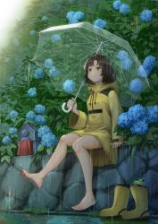 Rule 34 | 1girl, antenna hair, artist name, barefoot, blue flower, blush, boots, brown eyes, brown hair, bush, closed mouth, coat, commentary request, eyelashes, feet, flower, frog, full body, grass, hand up, highres, holding, holding umbrella, hood, hood down, hooded coat, hydrangea, long sleeves, looking up, no shoes, original, outdoors, parted bangs, rain, raincoat, rubber boots, short hair, sitting, sitting on wall, smile, solanoko, solo, stone wall, toes, transparent, transparent umbrella, twitter username, umbrella, unworn boots, wall, water, wide sleeves, yellow coat, yellow footwear, zipper, zipper pull tab