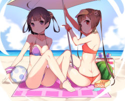 Rule 34 | 2girls, ass, azur lane, ball, bare arms, bare shoulders, barefoot, beach, beach umbrella, beachball, bikini, blue sky, blush, bottle, breasts, brown hair, butt crack, can, cleavage, closed mouth, cloud, collarbone, commentary request, cooler, day, food, fruit, hairpods, halterneck, head tilt, horizon, long hair, looking at viewer, medium breasts, meng ge 3 (565571710), multiple girls, ning hai (azur lane), ning hai (summer hunger) (azur lane), ocean, outdoors, ping hai (azur lane), ping hai (summer vacation) (azur lane), purple bikini, purple eyes, red bikini, red eyes, sand, shade, sitting, sky, small breasts, swimsuit, thighs, transparent, twintails, umbrella, v-shaped eyebrows, very long hair, visor cap, water, watermelon, yellow umbrella