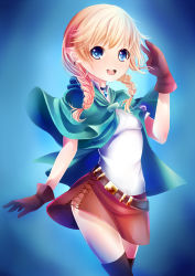 Rule 34 | 1girl, belt, black thighhighs, blonde hair, blue background, blue eyes, blue gemstone, braid, cape, choker, clothes lift, earrings, gem, gloves, gradient background, highres, hyrule warriors, jewelry, kenneos, linkle, looking at viewer, nintendo, pointy ears, puffy short sleeves, puffy sleeves, red gloves, red skirt, shirt, short sleeves, side slit, simple background, skirt, skirt lift, solo, the legend of zelda, thighhighs, twin braids, white shirt