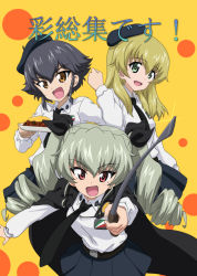 Rule 34 | 10s, 3girls, :d, anchovy (girls und panzer), anzio school uniform, bad id, bad pixiv id, belt, beret, black belt, black cape, black hair, black hat, black neckwear, black ribbon, black skirt, blonde hair, braid, brown eyes, cape, carpaccio (girls und panzer), clenched hand, commentary request, dress shirt, drill hair, emblem, food, foreshortening, girls und panzer, green eyes, green hair, hair ribbon, hat, holding, holding food, holding riding crop, kanau, leaning forward, long hair, long sleeves, looking at viewer, miniskirt, multiple girls, necktie, open mouth, pepperoni (girls und panzer), plate, pleated skirt, polka dot, polka dot background, red eyes, ribbon, riding crop, school uniform, shirt, short hair, side braid, skirt, smile, sparkle, standing, translation request, twin drills, twintails, white shirt, yellow background