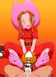 Rule 34 | 1boy, 1girl, age difference, aged down, artist request, belt, big feet, blush, brown hair, clothed female nude male, cum, cum in footwear, digimon, digimon adventure, dress, excessive cum, feet, female pervert, femdom, handjob, hat, light brown hair, lolidom, long hair, looking at viewer, nude, open mouth, pervert, pink socks, pov, red dress, shiny skin, shoes, skinny, smile, socks, soles, tachikawa mimi, toei animation, toes, toes spread, unworn shoes, yellow eyes
