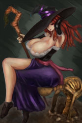 Rule 34 | 1girl, armpits, bare shoulders, breasts, brown eyes, brown hair, cleavage, curvy, detached sleeves, dragon&#039;s crown, dress, hat, hat over one eye, highres, huge breasts, kemurin, long hair, one eye covered, side slit, skeleton, solo, sorceress (dragon&#039;s crown), staff, strapless, strapless dress, vanillaware, witch hat