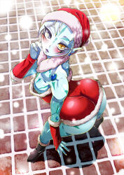 Rule 34 | 1boy, ass, astral (yu-gi-oh!), blue eyes, blue skin, blush, body markings, bodypaint, christmas, christmas dress, colored skin, crossdressing, dress, feminine, from above, fur-trimmed dress, fur trim, heterochromia, huge ass, kurage444, looking at viewer, looking back, looking up, male focus, parted lips, puffy chest, solo, tagme, trap, yellow eyes, yu-gi-oh!, yu-gi-oh! zexal